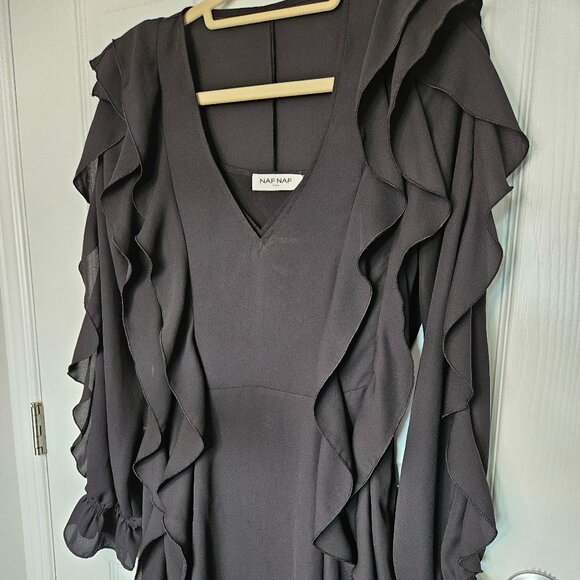 NAF NAF Paris Black dress longsleeves with ruffles detail Size 36 - Picture 4 of 15